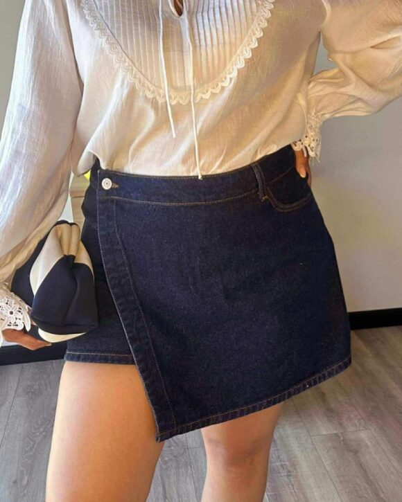 Jupe short denim brut taille haute
