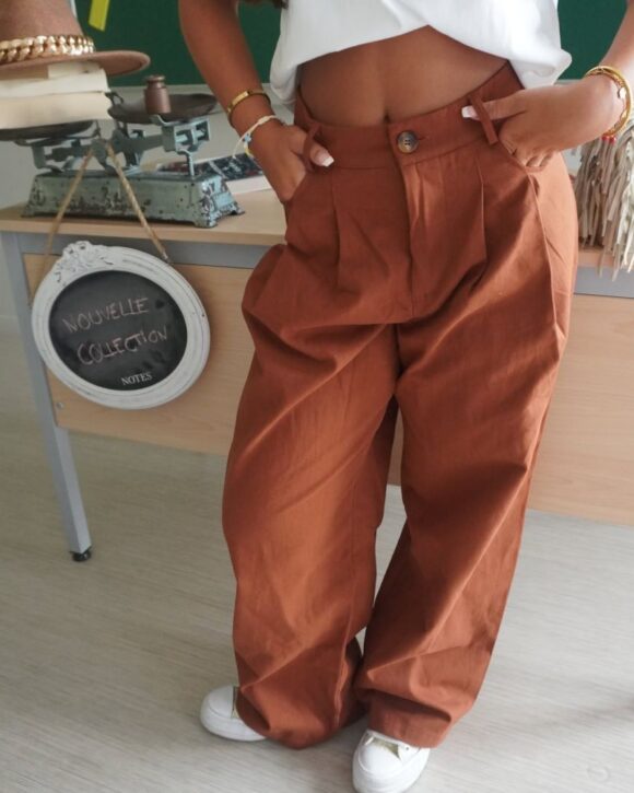 Pantalon femme large marron casual chic