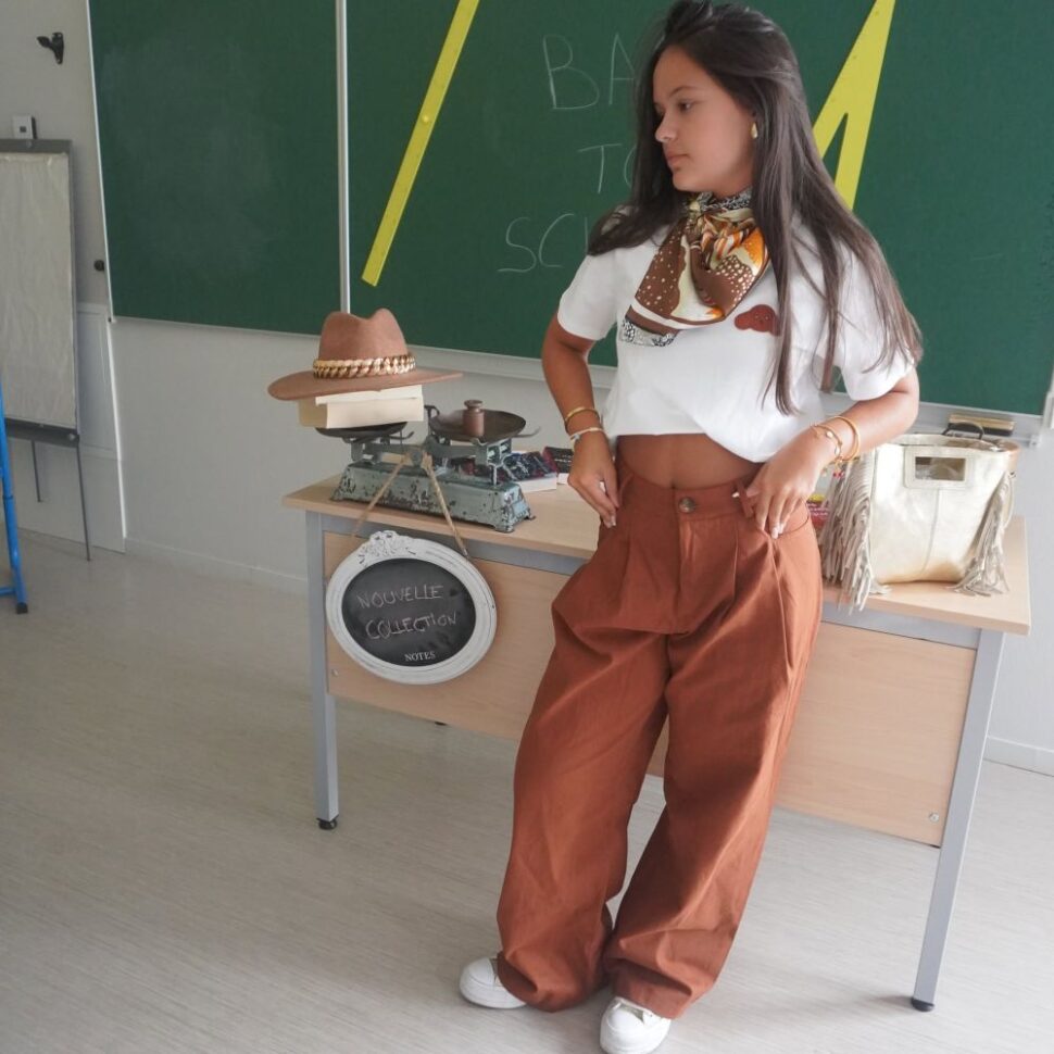 Pantalon femme taille haute large marron idéal pour l'automne
