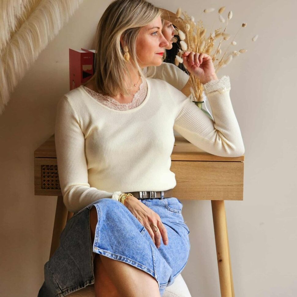 Pull femme fin demi saison écru