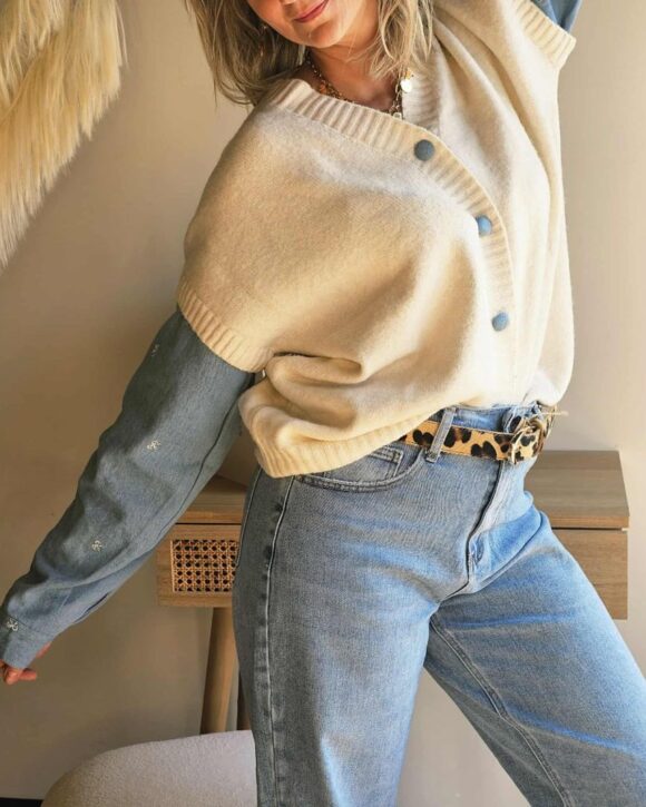 Pull/gilet femme bi matière manches en jeans