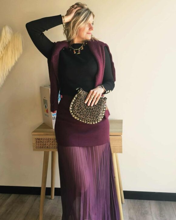 Jupe longue bi matière couleur prune